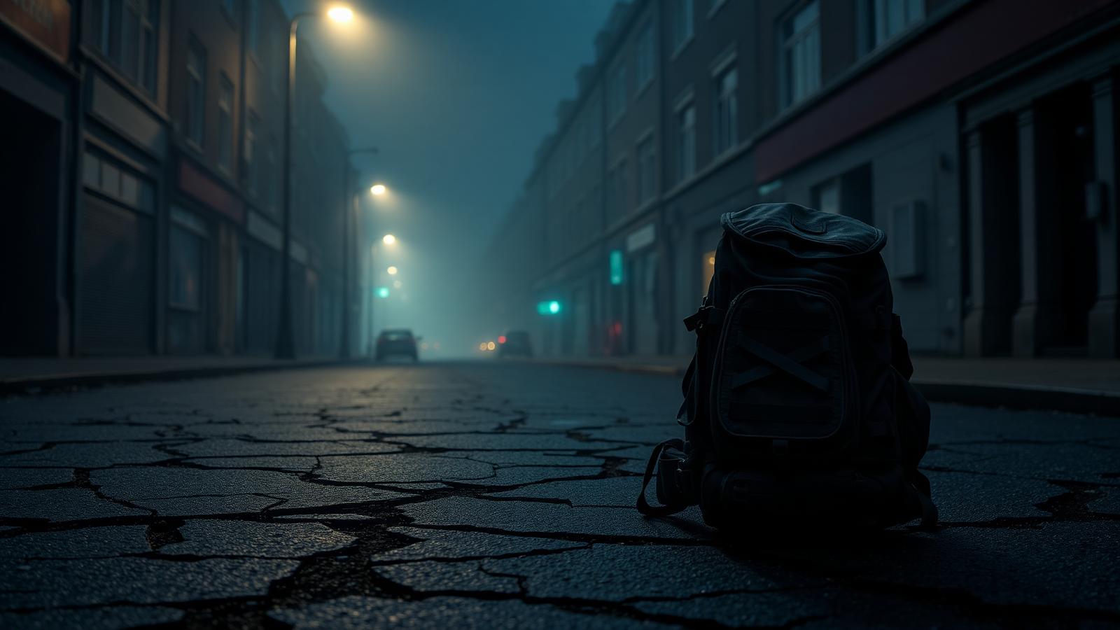 Tactical survival backpack on a foggy, deserted British street at night